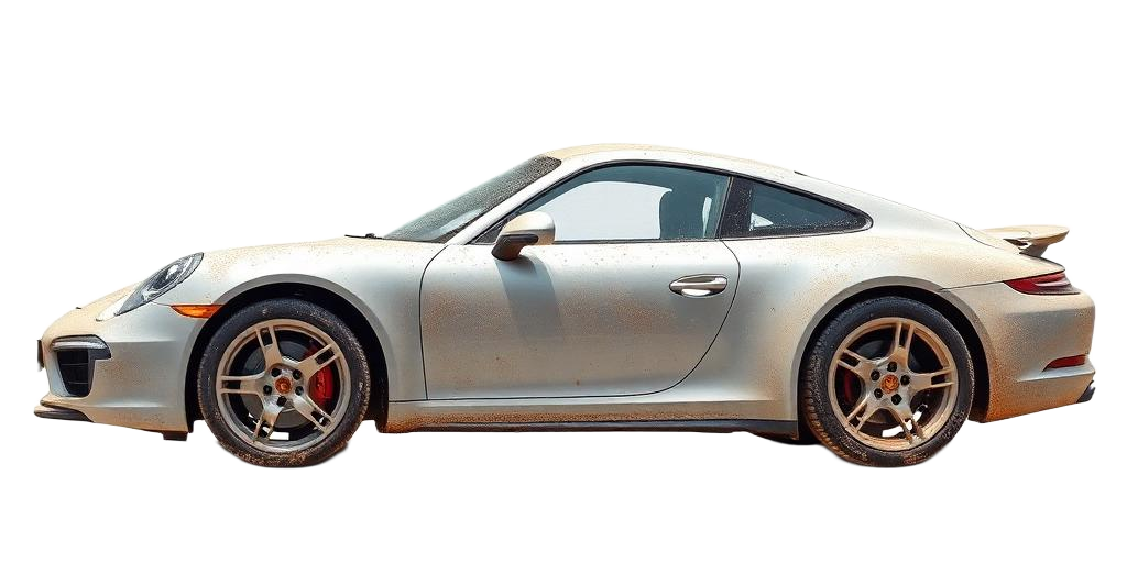 Porsche 911 before washing, covered in road grime
